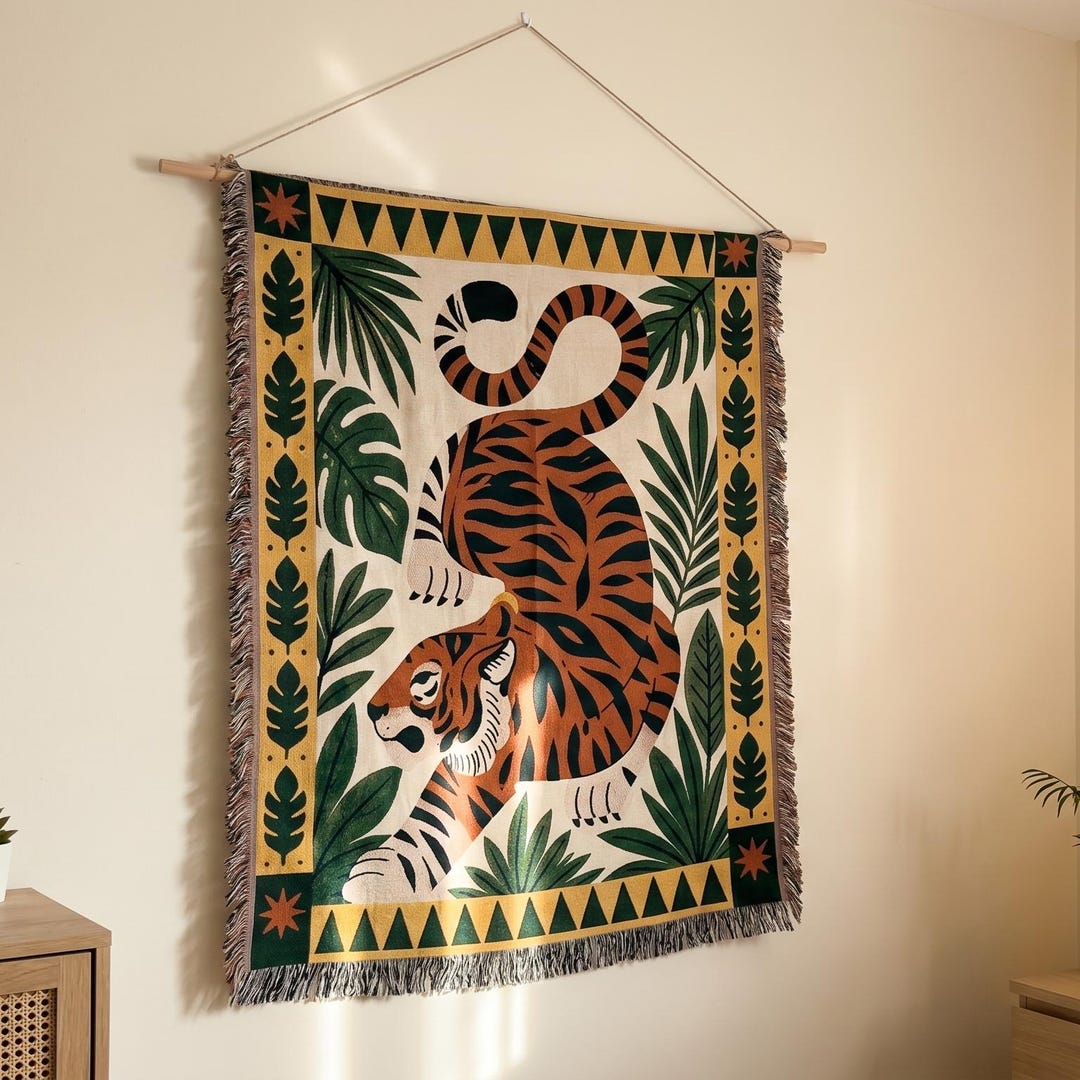 Woven Tiger Throw Blanket - Jungle Leaves & Botanical Border - Mid ...