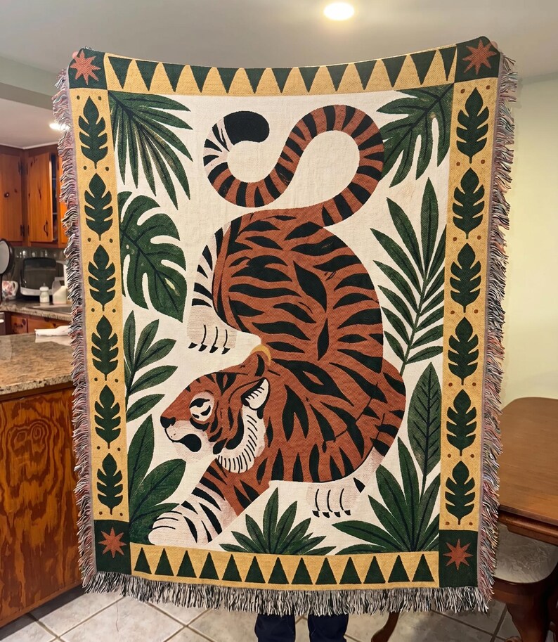 Woven Tiger Throw Blanket - Jungle Leaves & Botanical Border - Mid ...