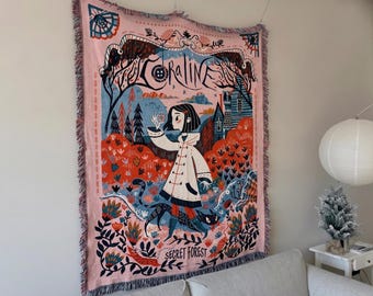 Personalised Coraline Inspired Woven Blanket, Custom Name Secret Forest Tapestry, Gothic Black Cat Throw, Spooky Forest Room Decor
