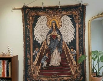 Guardian Angel Woven Throw Blanket | Religious Art Tapestry | Dark Academia Aesthetic Decor