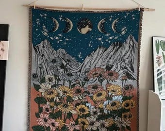 Wandbehang | Floral gewebte Decke | Himmlischer Berg Überwurf | Witchy Wohndekor