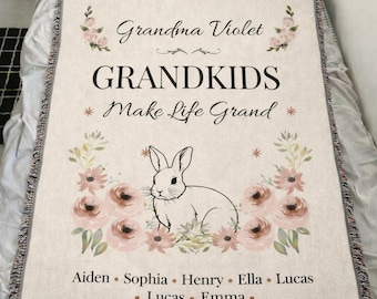Gepersonaliseerde oma geweven deken, kleinkinderen maken het leven groots, deken met aangepaste namen voor oma, bloemen konijn aandenken cadeau