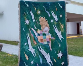 Manta tejida caprichosa de niña y conejo en caída / Tapiz de bosque de ensueño / Decoración para el hogar estilo indie