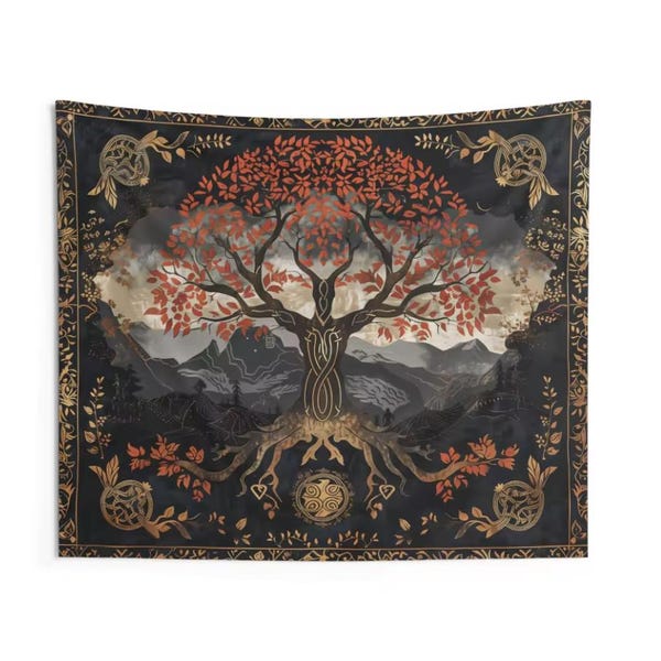 Wandtapijt levensboom, wandkleed Noorse mythologie, Keltische knoop drakenkunst, woondecoratie Viking, kamerdeken mystieke fantasie