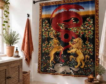Dark Academia Dragon Shower Curtain | Fantasy Bathroom Decor Medieval Tapestry Style Gothic Curtain Mythical Creature Woodland Rustic Bath