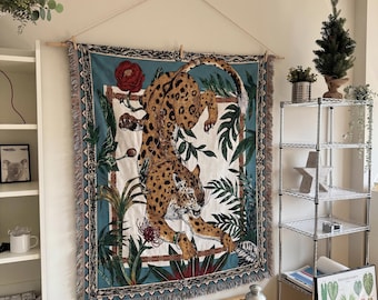 Coperta/arazzo vintage con stampa leopardata / Decorazione murale con animali tropicali / Decorazione per la casa con giaguaro tropicale