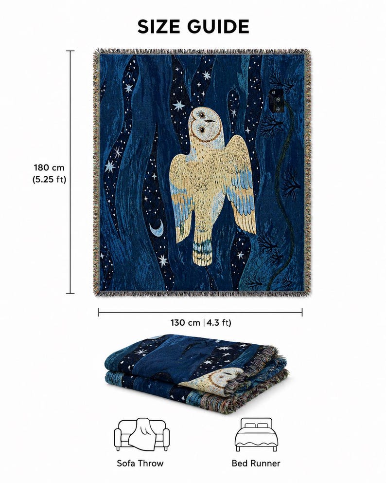 May include: A dark blue throw blanket with a large owl design, measuring 180 cm (5.25 ft) by 130 cm (4.3 ft). The owl is cream and blue, set against a starry night sky. The blanket is folded at the bottom, with the words "Sofa Throw" and "Bed Runner" below.