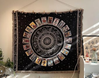 神秘的なブラックタロットカードの星座タペストリースローブランケット | 天体占星術の壁掛け | 魔女のホームデコレーション
