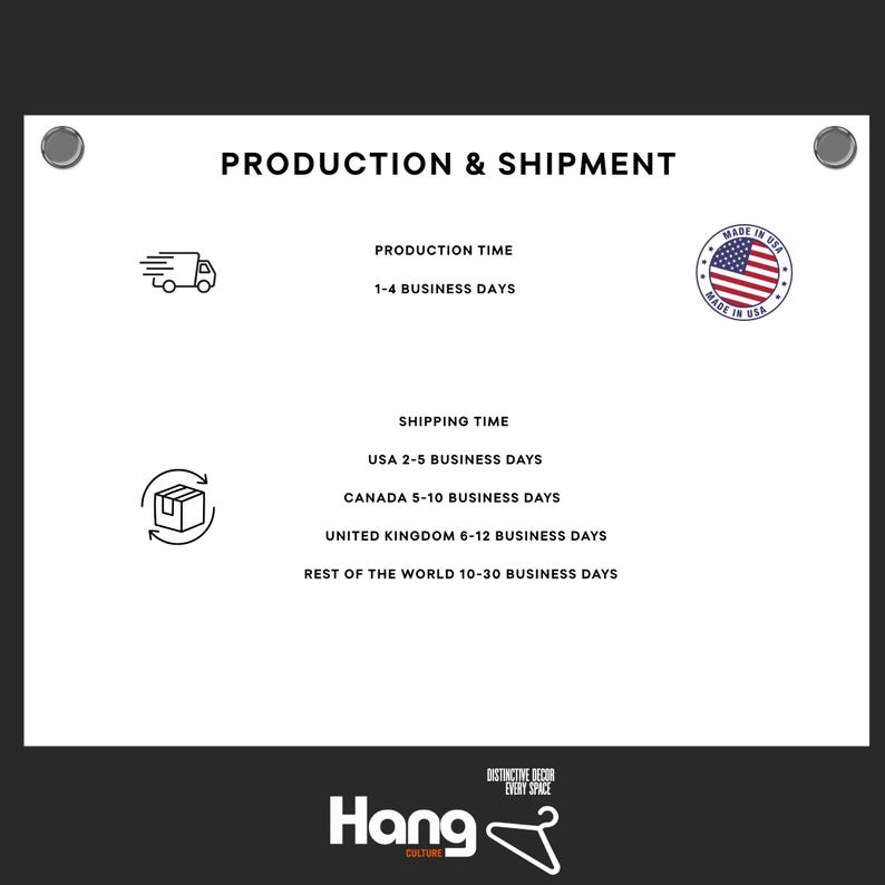 Op de afbeelding: Witte afbeelding met de tekst "PRODUCTION & SHIPMENT" en details over productie- en verzendtijden. Bevat een "MADE IN USA" zegel en het merklogo "Hang Culture".