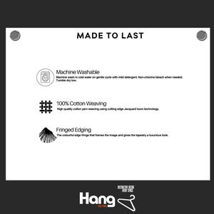 Op de afbeelding: Witte informatieve afbeelding met de tekst "MADE TO LAST". Details zijn onder meer "Machine Wasbaar", "100% Katoen Weven" en "Gefranjerde Rand". Het Hang Culture-logo staat onderaan.
