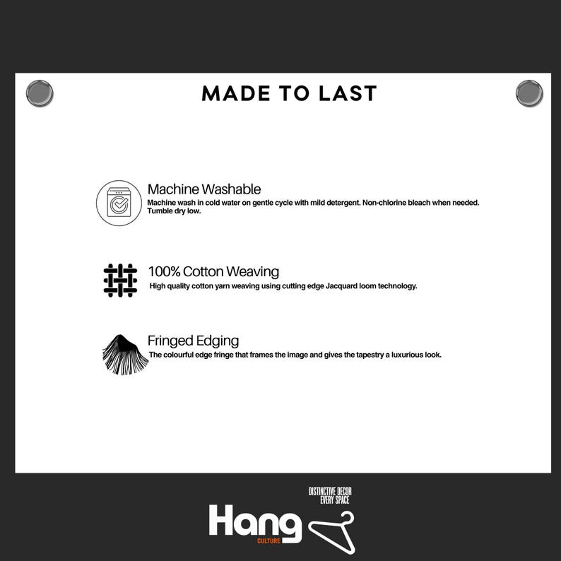 Op de afbeelding: Witte informatieve afbeelding met de tekst "MADE TO LAST". Details zijn onder meer "Machine Wasbaar", "100% Katoen Weven" en "Gefranjerde Rand". Het Hang Culture-logo staat onderaan.