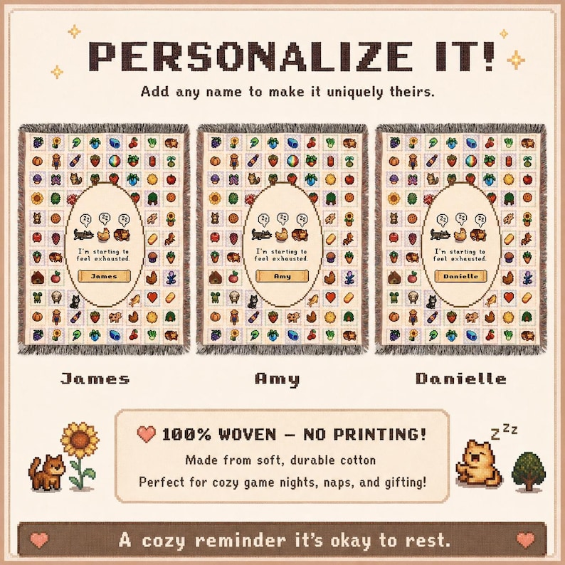 Op de afbeelding: Een gepersonaliseerde geweven deken met een pixelachtig ontwerp, met de namen James, Amy en Danielle. De deken heeft een herhalend patroon van verschillende pictogrammen en de tekst "I'm starting to feel exhausted." De deken is gemaakt van zacht, duurzaam katoen.