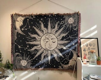 Himmlische Sonne Mond Wandbehang Decke | Gewebter astrologischer Wandbehang | Witchy Deko, Tarot Lesetuch, mystisches Wohn Dekor