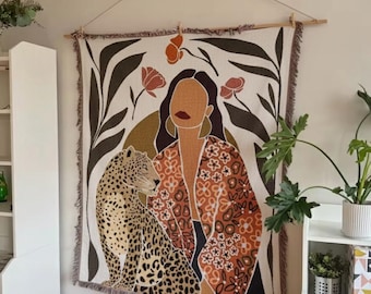 Woven Throw Blanket, Woman and Leopard Tapestry, Boho Botanical Wall Hanging, Eclectic Sofa Throw, Fringed Cotton Art, Housewarming Gift