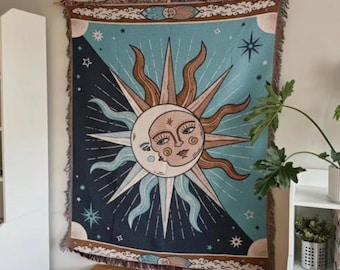 Himmlischer Sonne und Mond Wandteppich, gewebter Wandbehang, Boho Ästhetisches Raumdekor, Indie gewebte Decke, Astrologie Wandkunst, Mystisches Dekor
