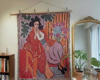 Vintage French Art Style Woven Tapestry | Reclining Woman Throw Blanket | Colorful Wall Decor