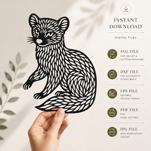 May include: A black paper cutout of a ferret with a detailed leaf-like pattern. The text includes INSTANT DOWNLOAD, DIGITAL FILES, SVG FILE FOR CRICUT & CUTTING MACHINES, DXF FILE FOR SILHOUETTE STUDIO BASIC, EPS FILE, PDF FILE, and JPG FILE 300 DPI.