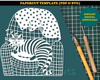 Sleeping Cat Pattern Papercut Template - Handcut / Pdf File / Papercutting / DIY / Svg file / Personal & Commercial use