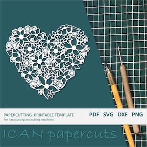 Floral Heart #1 - Papercut Template - Handcut / Pdf File / Svg file / Papercutting / DIY / Personal & Commercial use