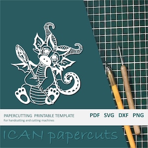 Tiny Dragon - Papercut Template - Handcut / Pdf File / Papercutting / DIY / Svg file / Personal & Commercial use