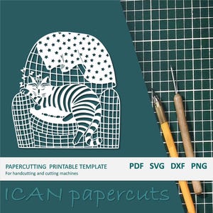 Sleeping Cat - Papercut Template - Handcut / Pdf File / Papercutting / DIY / Svg file / Personal & Commercial use