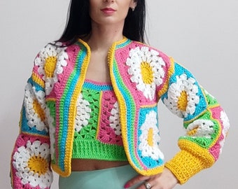 Daisy Crochet Cardigan Pattern in PDF ,  Crochet Vest With Daisies ,  Granny Square Daisy Cardigan Pattern , Summer Daisy Vest Colorful
