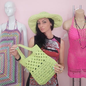 Set estivo da donna all&#39;uncinetto con borsa e cappello floscio in rafia modello in PDF, modello combinato di borsa e cappella all&#39;uncinetto, set estivo all&#39;uncinetto