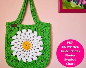 Crochet Granny Square Daisy Bag Pattern in PDF, Easy Shoulder Bag, Granny Square Crochet Market Tote Bag, US Terms, Photos, Diagram Chart