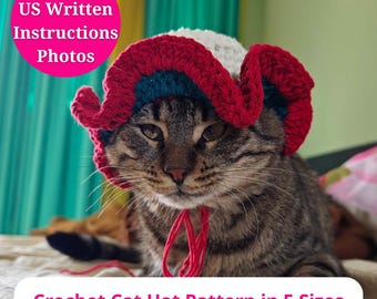 Patrón de ganchillo para gorro de gato y mascota pequeña - Diseño con volantes, 5 tallas, ideal para fiestas y sesiones de fotos, incluye fotos detalladas e instrucciones en PDF.