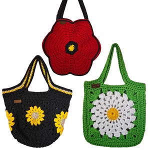 Crochet Pattern Bundle Flower Tote Bags – Granny Daisy Bag, Granny Square Sunflower Bag & Poppy Bag, Written Instructions, US Terms, Photos