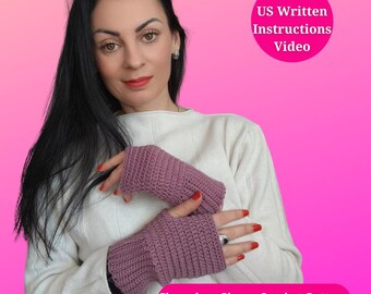 May include: A woman wearing a white sweater and a pair of purple fingerless crochet gloves. The image includes the text "Fingerless Gloves Crochet Pattern 3 sizes" and "PDF US Written Instructions Video".