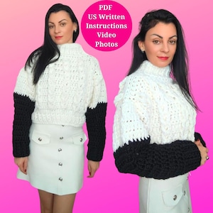 Chunky Cable Crochet Sweater Pattern – Easy Winter Pullover in Two Sizes – Turtleneck with Ribbed Cuffs – Super Bulky Yarn – US Terms, Video