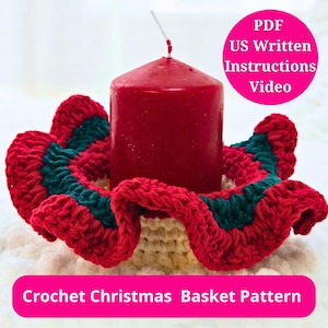 Christmas Crochet Basket Pattern – Ruffled Edges for Small Storage & Holiday Decor Written instructions, Video Tutorial and Photos in PDF