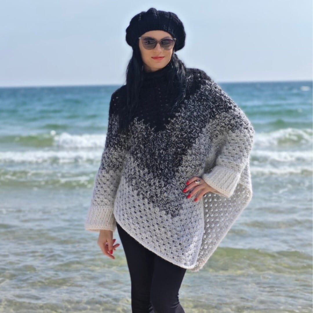 Easy Crochet Poncho With Sleeves, Granny Stitch, and Polo Neck in