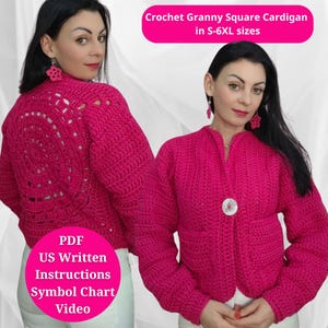 CROCHET PATTERN Easy Bulky Ladies Cropped Granny Square Cardigan Sweater, Vintage Chunky Jumper, All Size, Instructions, Video, Chart in PDF