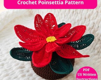 Crochet Poinsettia Amigurumi Pattern – Festive Christmas Home Décor, Christmas Poinsettia Flower - Video, Photos, US Instructions in PDF