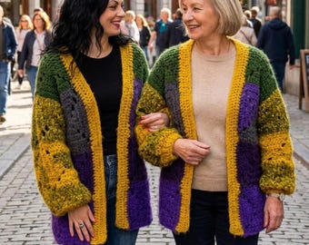 Crochet Granny Square Sweater Cardigan Pattern for Beginners in PDF - Video, US Terms, Diagram Chart, Photos