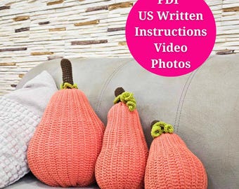 3 Crochet Butternut Squash Pumpkin Patterns in PDF, Easy DIY Fall Decor Autumn- Beginner Friendly, Written US terms, video, photos