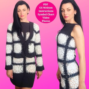 Patrón de vestido y chaqueta de crochet elegante para abuela, conjunto de verano cuadrado, tallas XS-4XL, PDF imprimible con términos de EE. UU., gráfico, fotos y video.