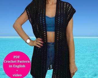 Modèle de gilet en dentelle au crochet facile S-5XL taille en PDF - vidéo, instructions écrites, conditions américaines, photos, cape en filet facile, toutes les tailles (modèle PDF)