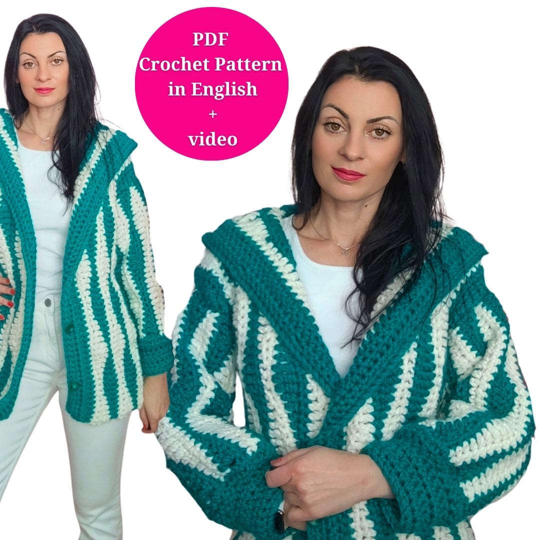 Crochet Wavy Cardigan Pattern With Hoodie and Buttons in S/M, L/XL
