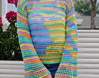 Easy Crochet Mesh Long Sleeve Top  in S - 3XL Sizes -  Video tutorial and Written instructions  Crochet  Pattern in PDF