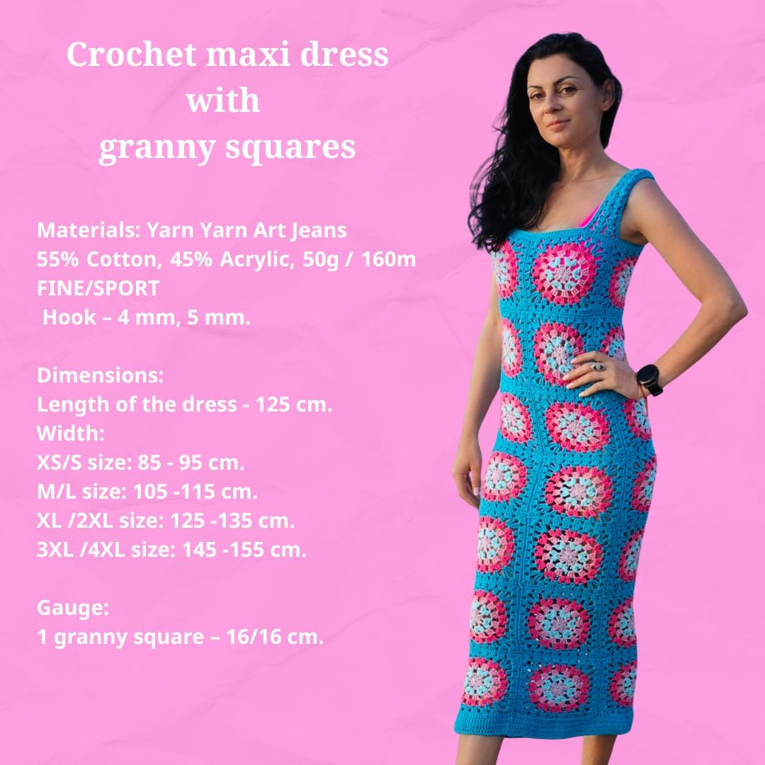 Crochet Maxi Dress With Granny Squares in XS-3XL Sizes Pattern in PDF, Written Instructions, US Terms, Diagram Chart, Photos Crochet Maxi Dress With Granny Squares in XS-3XL Sizes Pattern in PDF, Written Instructions, US Terms, Diagram Chart, Photos