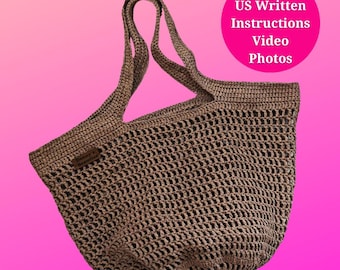 Große Raffia Mesh Tasche Häkelanleitung – Sommer Strandtasche und Markt Shopper PDF, DIY Raffia Strand Handtasche, US AGB, Video, Fotos