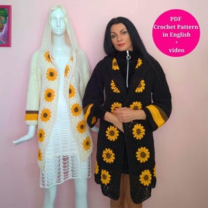 Crochet Pattern -Granny Square Sunflower Cardigan and Hood in 4 Sizes with Written Instructions and Video Tutorial