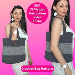 Może przedstawiać: Wzór na torbę na szydełku z instrukcjami w formacie PDF, wideo i zdjęciach. Torba jest szara i srebrna z brązowym skórzanym uchwytem. Wzór jest napisany w amerykańskich terminach.