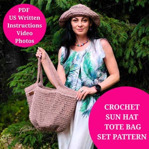 Crochet Pattern for Summer Raffia Hat and Large Tote Bag, Wide Brim Hat and Big Shopper Bag, Beach Crochet Set, Video, US Terms, Photos