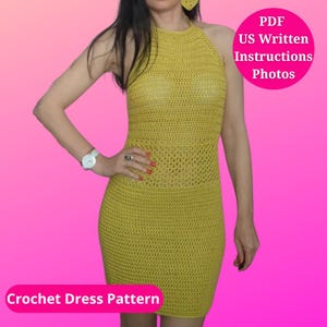Crochet Summer Dress with  Halter Straps - S/XXL size Pattern in PDF , Halter-Neck Mini Crochet Dress , Easy Knitted Dress Pattern ,