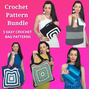 Patrones de bolsos de crochet para principiantes (PDF, ebook), 5 bolsos fáciles de usar para el día a día, para la playa, de mano y elegantes, video, tutoriales escritos en EE. UU., fotos, gráfico