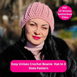 Easy Unisex Crochet Ribbed Beanie Hat Pattern in 3 Sizes – Kids, Teens, Adults,  with Video & Written Instructions, Winter Wool Crochet Hat
